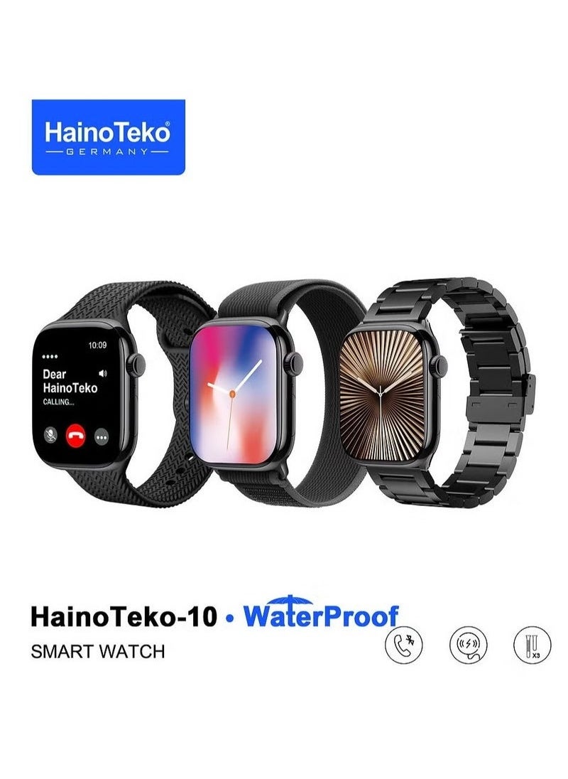 Waterproof Smart Watch with AMOLED Display, Voice Assistant, Social App Integration, and 3 Pairs of Straps – Designed for Men and Boys, Black