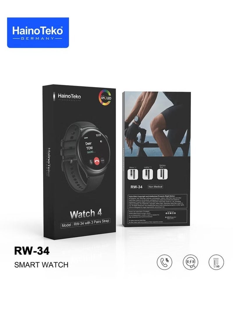 AMOLED Display Smart Watch for Men and Boys – Stylish and Durable with 3 Interchangeable Straps, Fitness Tracker, Heart Rate Monitor, Waterproof, Long Battery Life – Perfect for Daily Wear and Sports