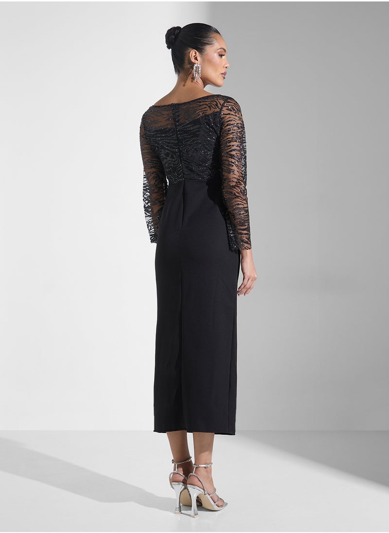 Sequin Bodice Midi Dress