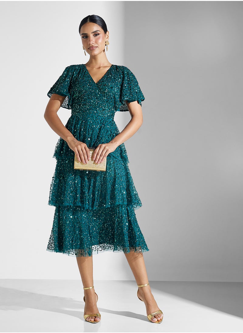 Millie Embellished V-Neck Ruffle Dress