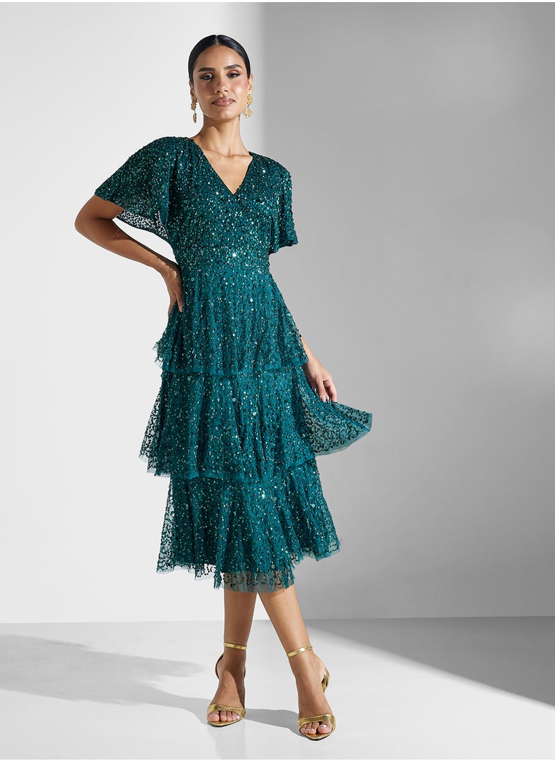 Millie Embellished V-Neck Ruffle Dress