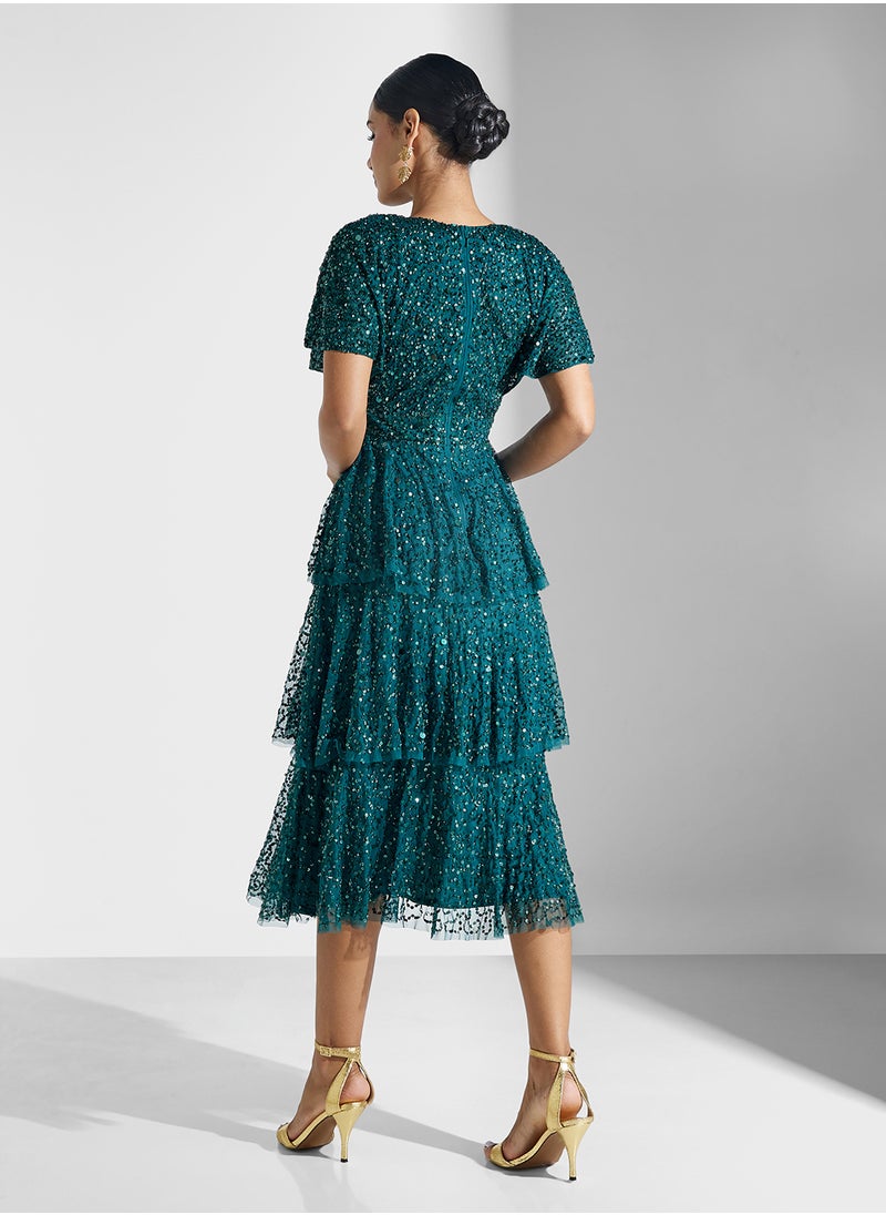 Millie Embellished V-Neck Ruffle Dress