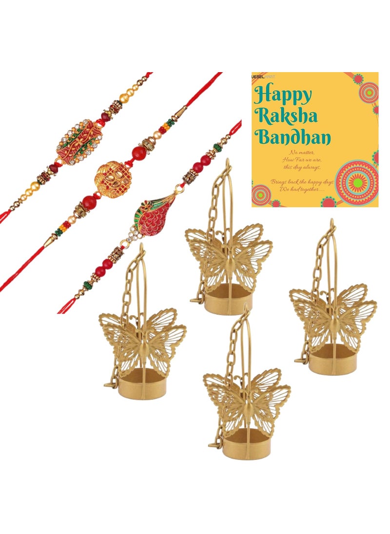 Webelkart Set of 3 Rakhi for Brother, Bhaiya and Bhabhi with Kids Rakhi and Hanging Butterfly Tealight Candle Holders Rakshabandhan Gifts and 1 Greeting Card and Roli Chawal