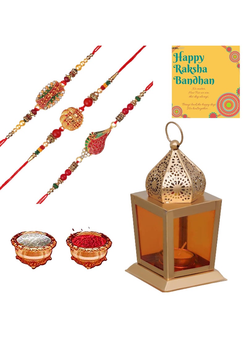 Webelkart Combo of 3 Rakhi for Brother, Bhaiya and Bhabhi with Kids Rakhi and Moroccan Gold tealight Candle Holder and Rakshabandhan Gifts and 1 Greeting Card and Roli Chawal Pack