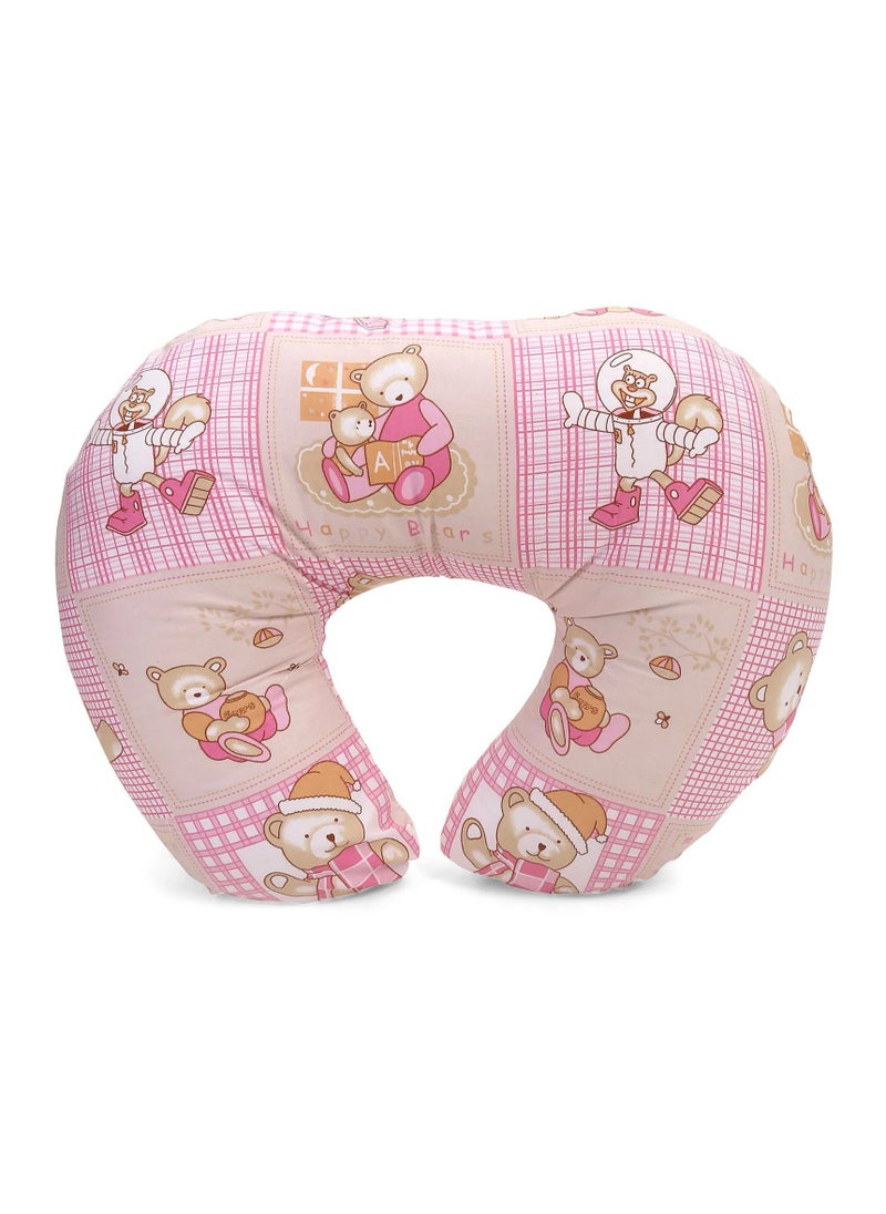 Babyhug Teddy Bear Print Feeding Pillow for Infants 0-3 Months - Comfortable Pink Nursing Cushion 39.5 x 50.5 x 14 cm