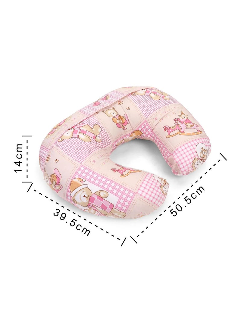 Babyhug Teddy Bear Print Feeding Pillow for Infants 0-3 Months - Comfortable Pink Nursing Cushion 39.5 x 50.5 x 14 cm