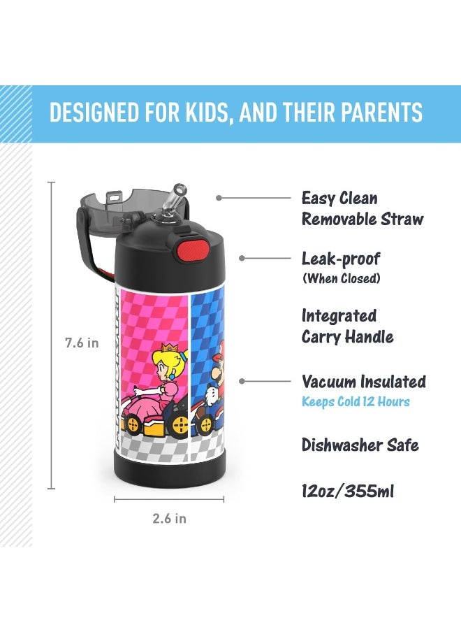THERMOS FUNTAINER Water Bottle with Straw - 12 Ounce, Super Mario Brothers - Kids Stainless Steel Vacuum Insulated Water Bottle with Lid