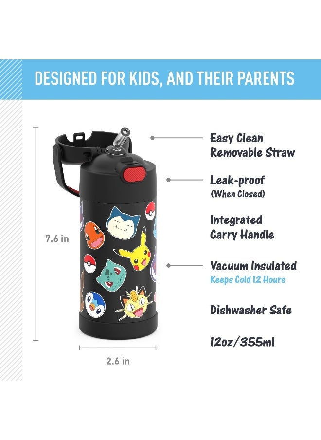 THERMOS FUNTAINER Water Bottle with Straw - 12 Ounce, Pokémon - Kids Stainless Steel Vacuum Insulated Water Bottle with Lid