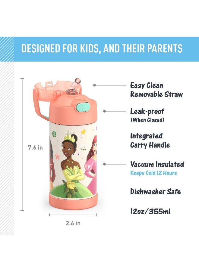 THERMOS FUNTAINER Water Bottle with Straw - 12 Ounce - Kids Stainless Steel Vacuum Insulated Water Bottle with Lid, Princesses