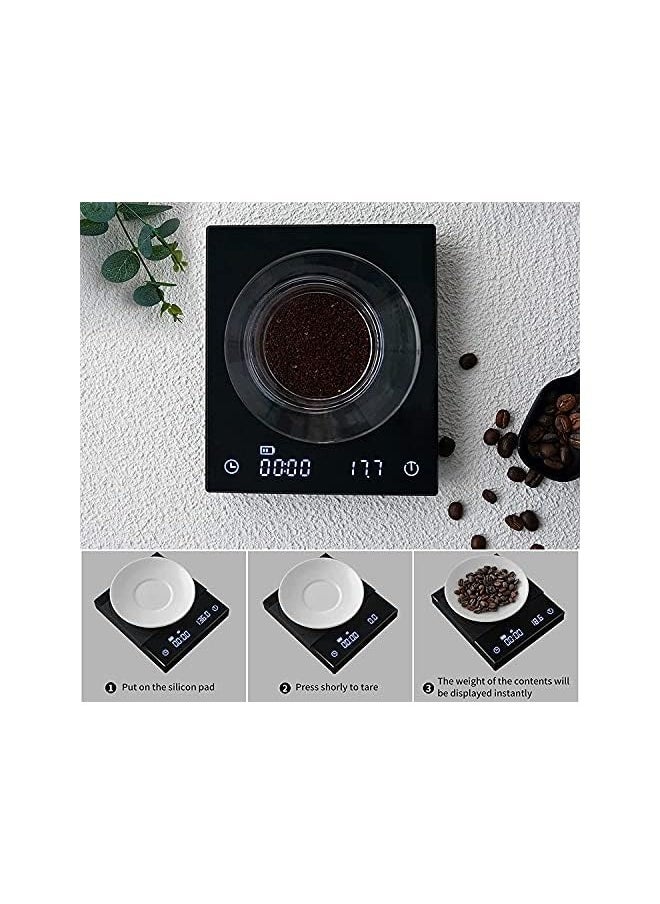 Coffee Scale with Timer 2kg,0.1g Digital Hand Drip Coffee Gram Scales with USB Output Waterproof Multifunction Espresso Coffee Scale Kitchen Scale with Silicone Pad (Black)