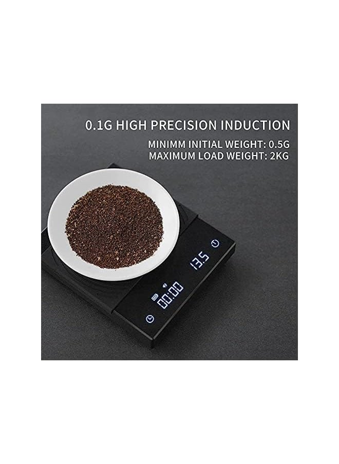 Coffee Scale with Timer 2kg,0.1g Digital Hand Drip Coffee Gram Scales with USB Output Waterproof Multifunction Espresso Coffee Scale Kitchen Scale with Silicone Pad (Black)