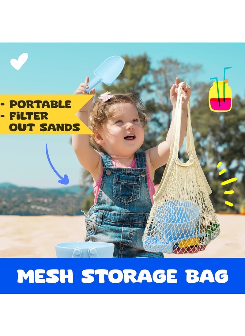 8 Pcs Silicone Beach Toys and 1 Mesh Beach Bag Set Collapsible Sand Toys Travel Sand Box Bucket Shovel and 3D Marine Theme Molds for Summer Outdoor (Red)