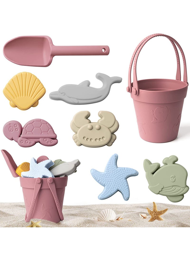 8 Pcs Silicone Beach Toys and 1 Mesh Beach Bag Set Collapsible Sand Toys Travel Sand Box Bucket Shovel and 3D Marine Theme Molds for Summer Outdoor (Red)