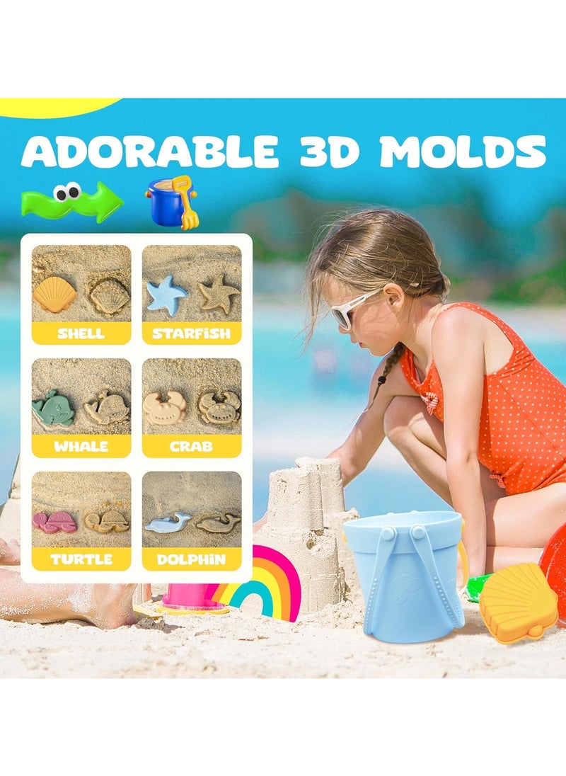 8 Pcs Silicone Beach Toys and 1 Mesh Beach Bag Set Collapsible Sand Toys Travel Sand Box Bucket Shovel and 3D Marine Theme Molds for Summer Outdoor (Red)