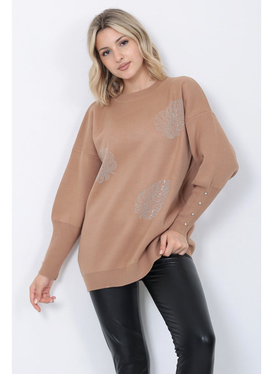Women's Knitwear Sweater Crew Neck Leaf Patterned Sleeve Stone Oversize Mink