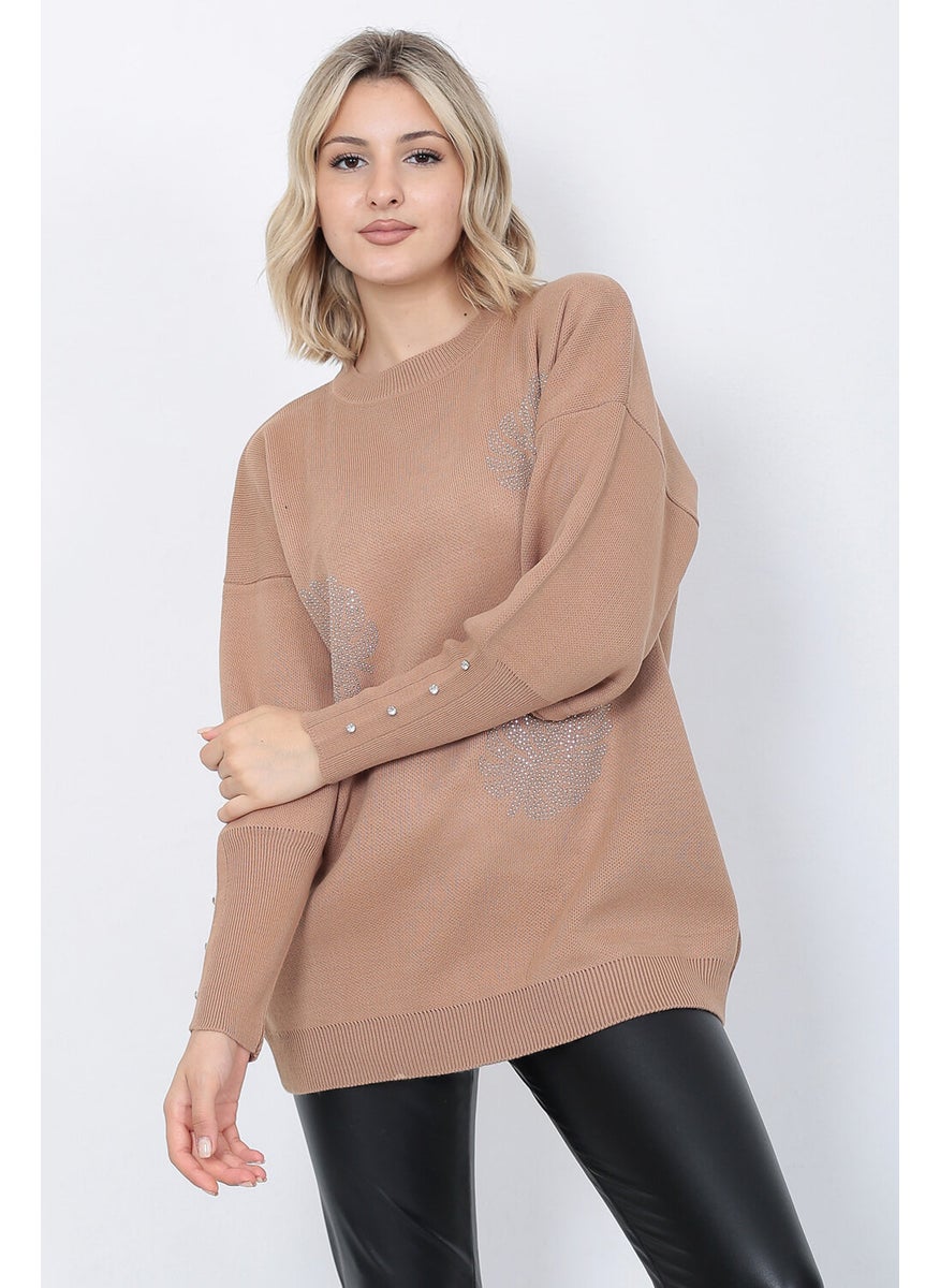 Women's Knitwear Sweater Crew Neck Leaf Patterned Sleeve Stone Oversize Mink
