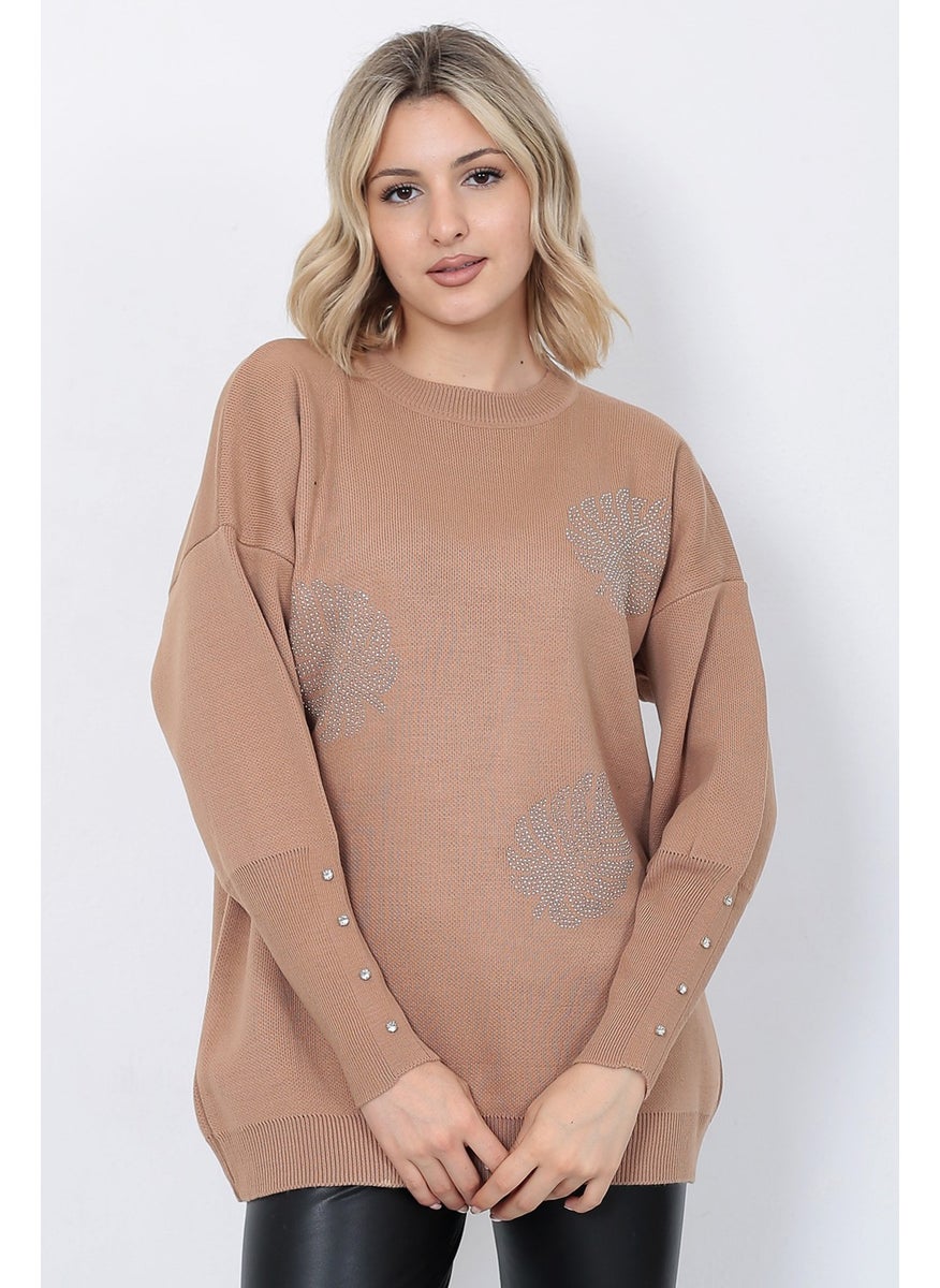 Women's Knitwear Sweater Crew Neck Leaf Patterned Sleeve Stone Oversize Mink