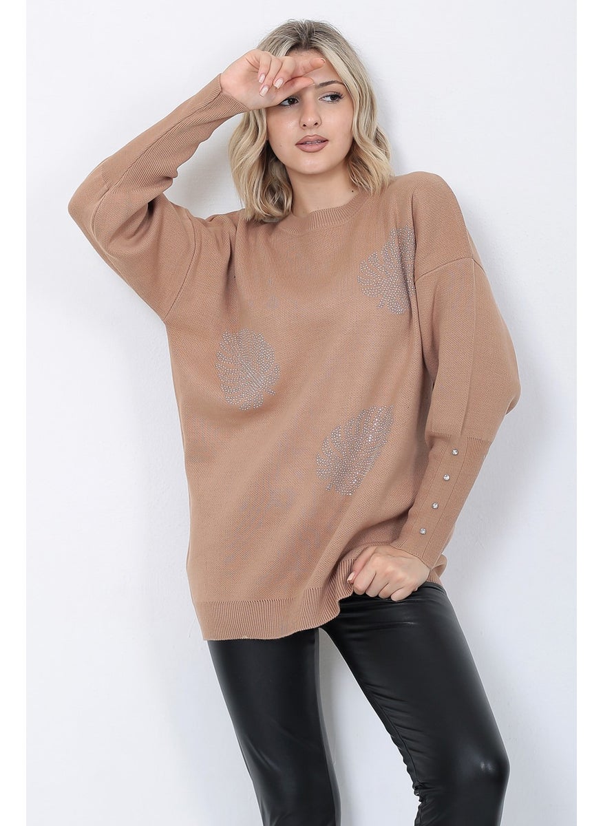 Women's Knitwear Sweater Crew Neck Leaf Patterned Sleeve Stone Oversize Mink
