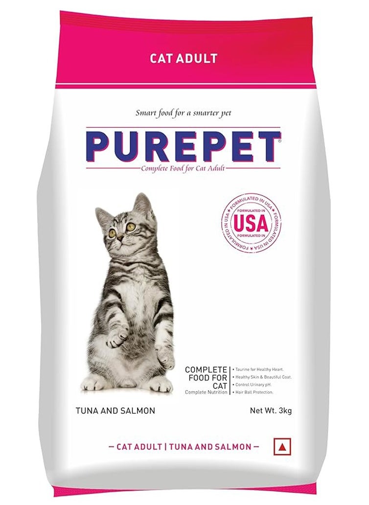 Purepet Adult Dry Cat Food, Tuna Salmon 3 Kg | Complete & Balanced Nutrition, Taurine For Healthy Heart, Controls Urinary pH, Healthy Skin & Coat