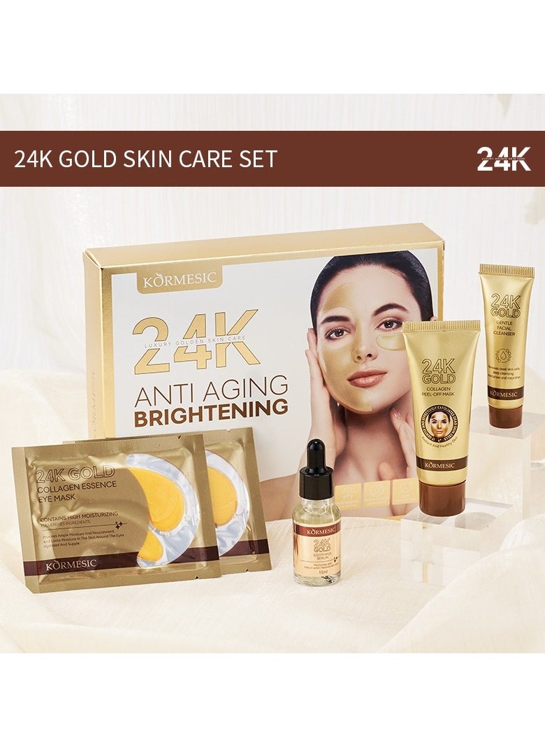 24K Gold Facial Skincare Hydration Set (Includes 24K Gold Gentle Facial Cleanser 20g, Gold Collagen Peel-Off Mask 25g, Gold Collagen Essence Mask 7.5g×2, and Gold Soothing Serum 15ml)