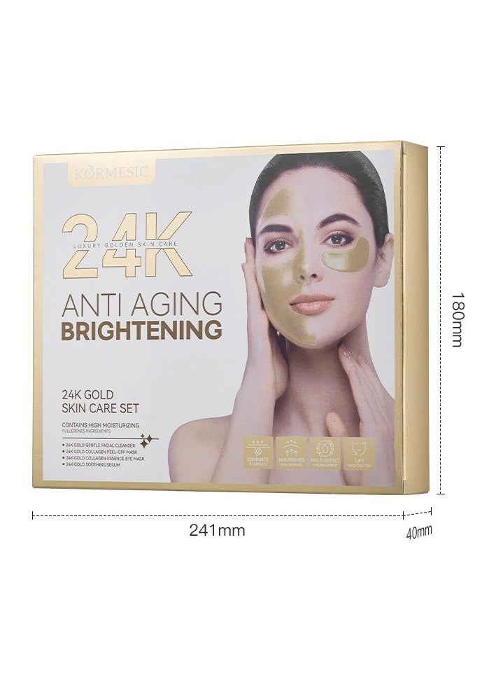 24K Gold Facial Skincare Hydration Set (Includes 24K Gold Gentle Facial Cleanser 20g, Gold Collagen Peel-Off Mask 25g, Gold Collagen Essence Mask 7.5g×2, and Gold Soothing Serum 15ml)