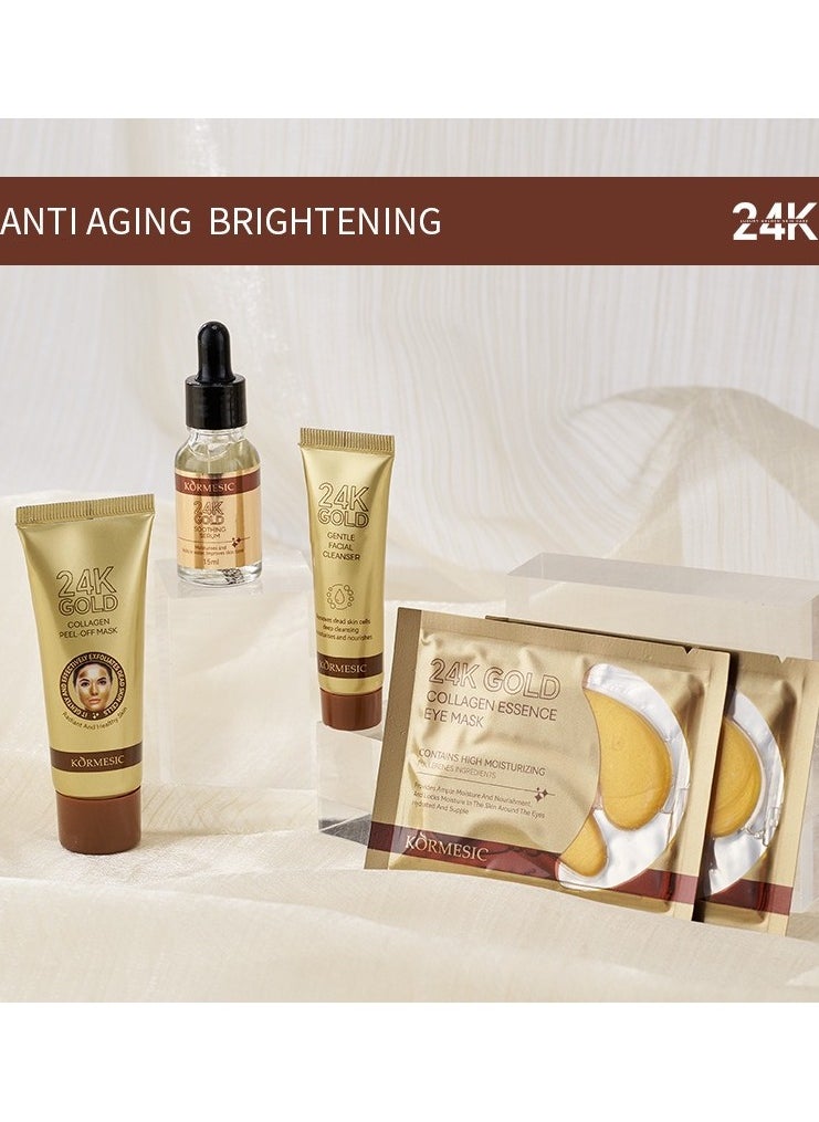 24K Gold Facial Skincare Hydration Set (Includes 24K Gold Gentle Facial Cleanser 20g, Gold Collagen Peel-Off Mask 25g, Gold Collagen Essence Mask 7.5g×2, and Gold Soothing Serum 15ml)
