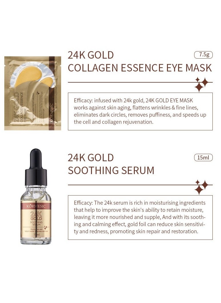 24K Gold Facial Skincare Hydration Set (Includes 24K Gold Gentle Facial Cleanser 20g, Gold Collagen Peel-Off Mask 25g, Gold Collagen Essence Mask 7.5g×2, and Gold Soothing Serum 15ml)