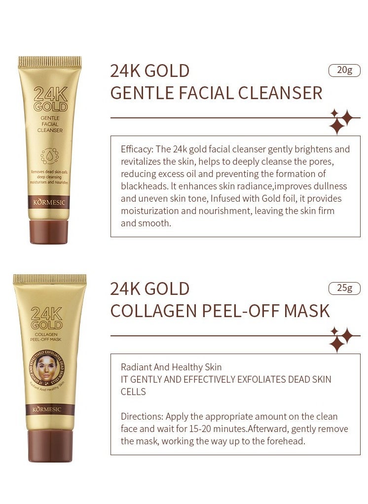24K Gold Facial Skincare Hydration Set (Includes 24K Gold Gentle Facial Cleanser 20g, Gold Collagen Peel-Off Mask 25g, Gold Collagen Essence Mask 7.5g×2, and Gold Soothing Serum 15ml)