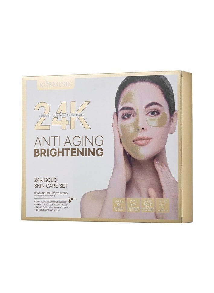 24K Gold Facial Skincare Hydration Set (Includes 24K Gold Gentle Facial Cleanser 20g, Gold Collagen Peel-Off Mask 25g, Gold Collagen Essence Mask 7.5g×2, and Gold Soothing Serum 15ml)