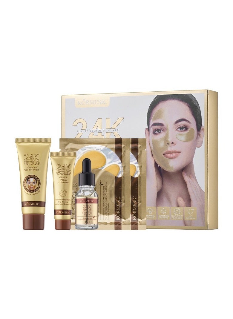 24K Gold Facial Skincare Hydration Set (Includes 24K Gold Gentle Facial Cleanser 20g, Gold Collagen Peel-Off Mask 25g, Gold Collagen Essence Mask 7.5g×2, and Gold Soothing Serum 15ml)