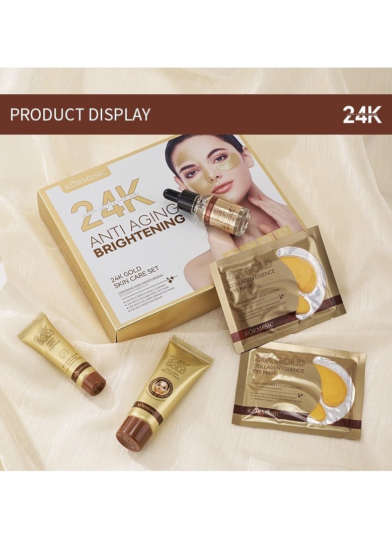 24K Gold Facial Skincare Hydration Set (Includes 24K Gold Gentle Facial Cleanser 20g, Gold Collagen Peel-Off Mask 25g, Gold Collagen Essence Mask 7.5g×2, and Gold Soothing Serum 15ml)