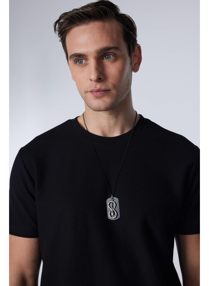 Men's Slim Fit Narrow Cut Cotton Soft Textured Patterned Black Crew Neck T-Shirt