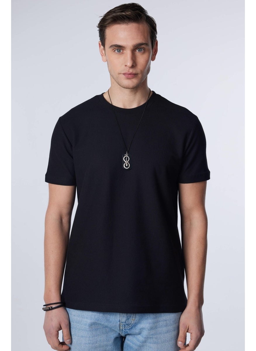 Men's Slim Fit Narrow Cut Cotton Soft Textured Patterned Black Crew Neck T-Shirt