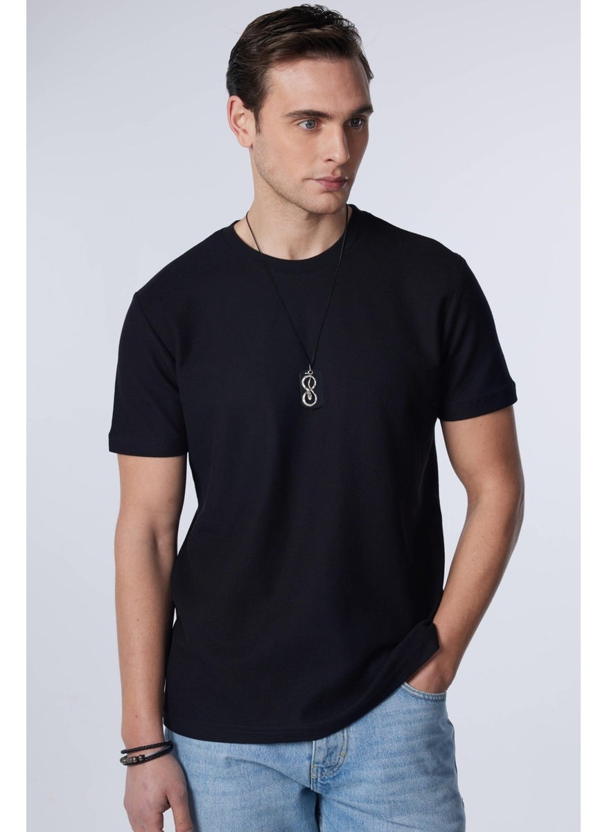 Men's Slim Fit Narrow Cut Cotton Soft Textured Patterned Black Crew Neck T-Shirt