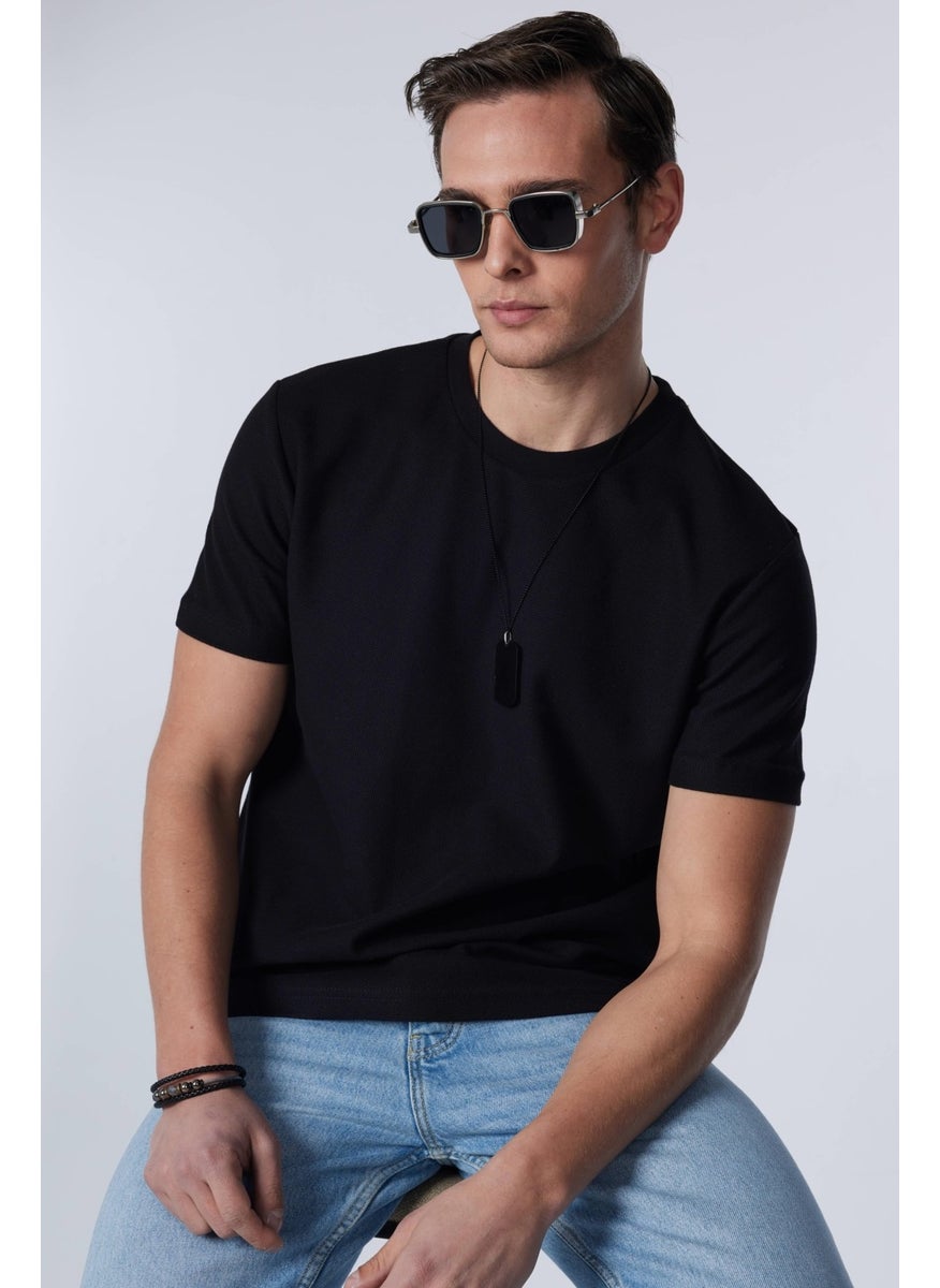 Men's Slim Fit Narrow Cut Cotton Soft Textured Patterned Black Crew Neck T-Shirt