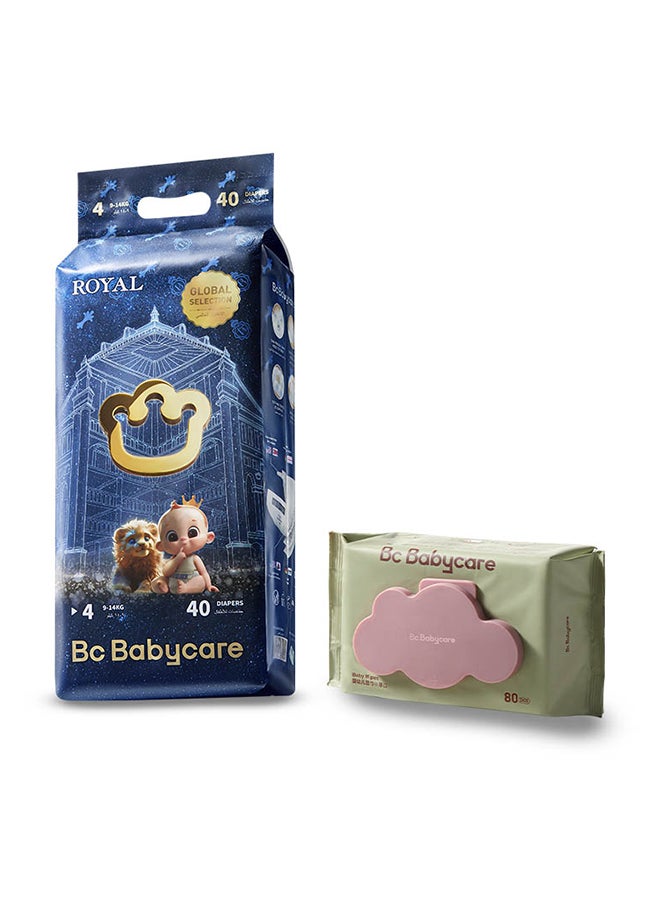 Royal Baby Diapers Size 4 9-14Kg - 1 Pack 40Pieces + 1 Wipes 80Pieces - Mega Super Bundle