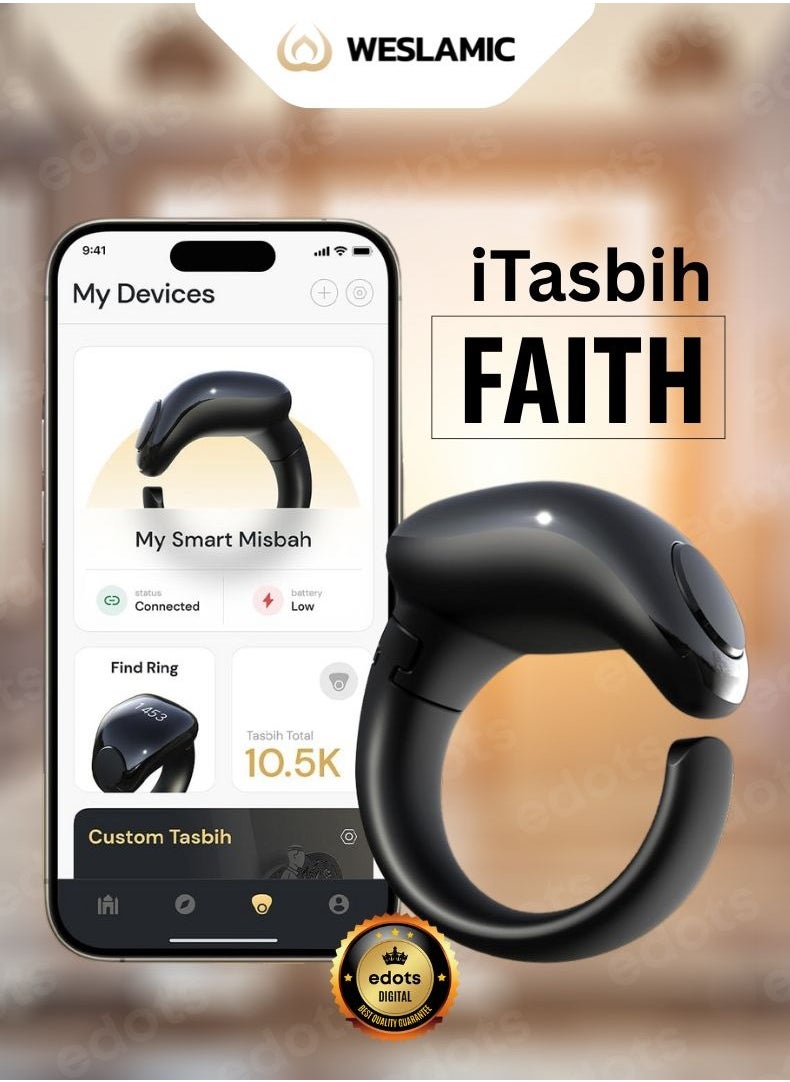 iTasbih (Faith) Smart Tasbih Ring | OLED Display | Zikr Counter | Prayer Reminders | 5 Adjustable Sizes | Wireless Charging | Waterproof | Bluetooth Enabled