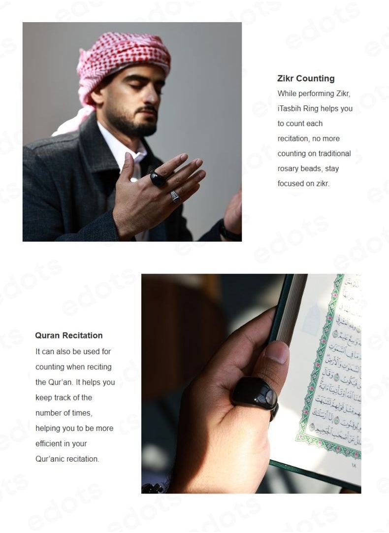 iTasbih (Faith) Smart Tasbih Ring | OLED Display | Zikr Counter | Prayer Reminders | 5 Adjustable Sizes | Wireless Charging | Waterproof | Bluetooth Enabled
