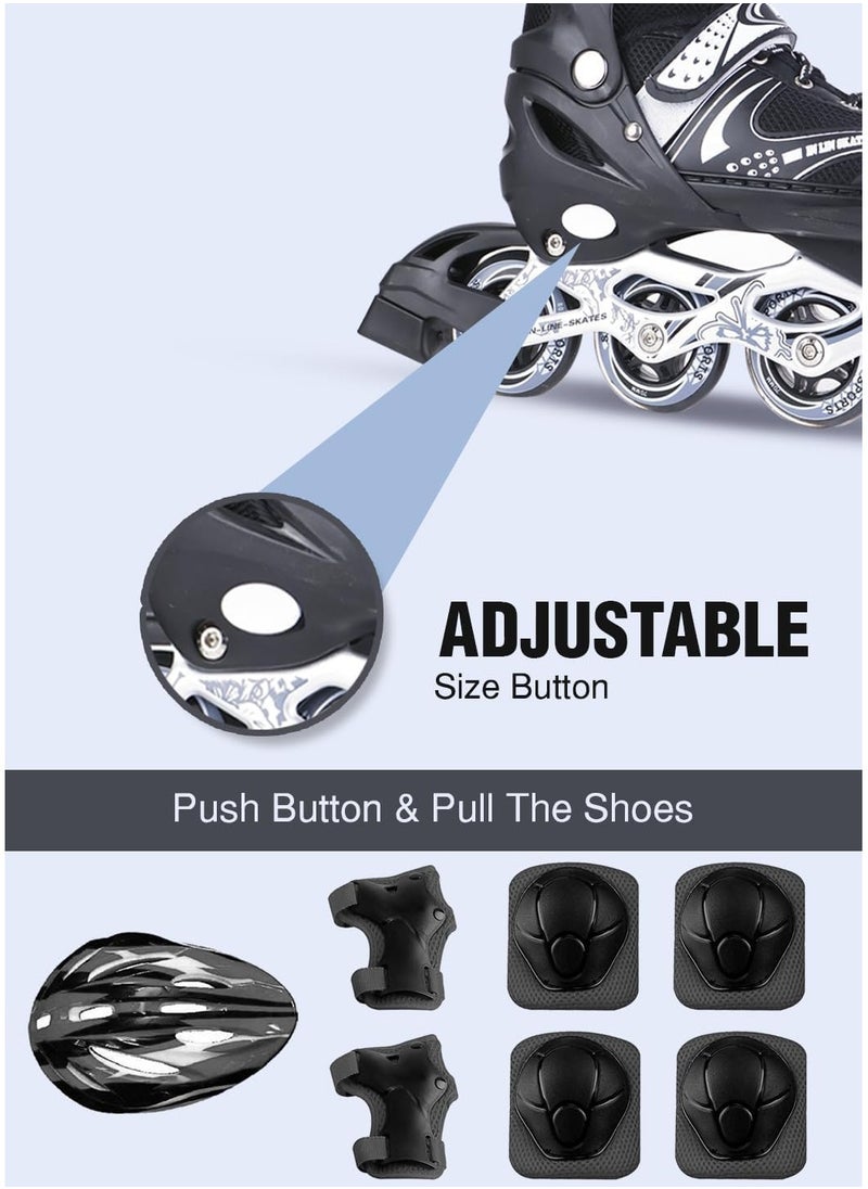 Adjustable Size Breathable Kids Inline Roller Skates with Safety Gear Set Helmet Knee Elbow Wrist Pads Carry Bag Fun Outdoor Sports Activity for Children Boys and Girls Blade Wheel Skating Shoes