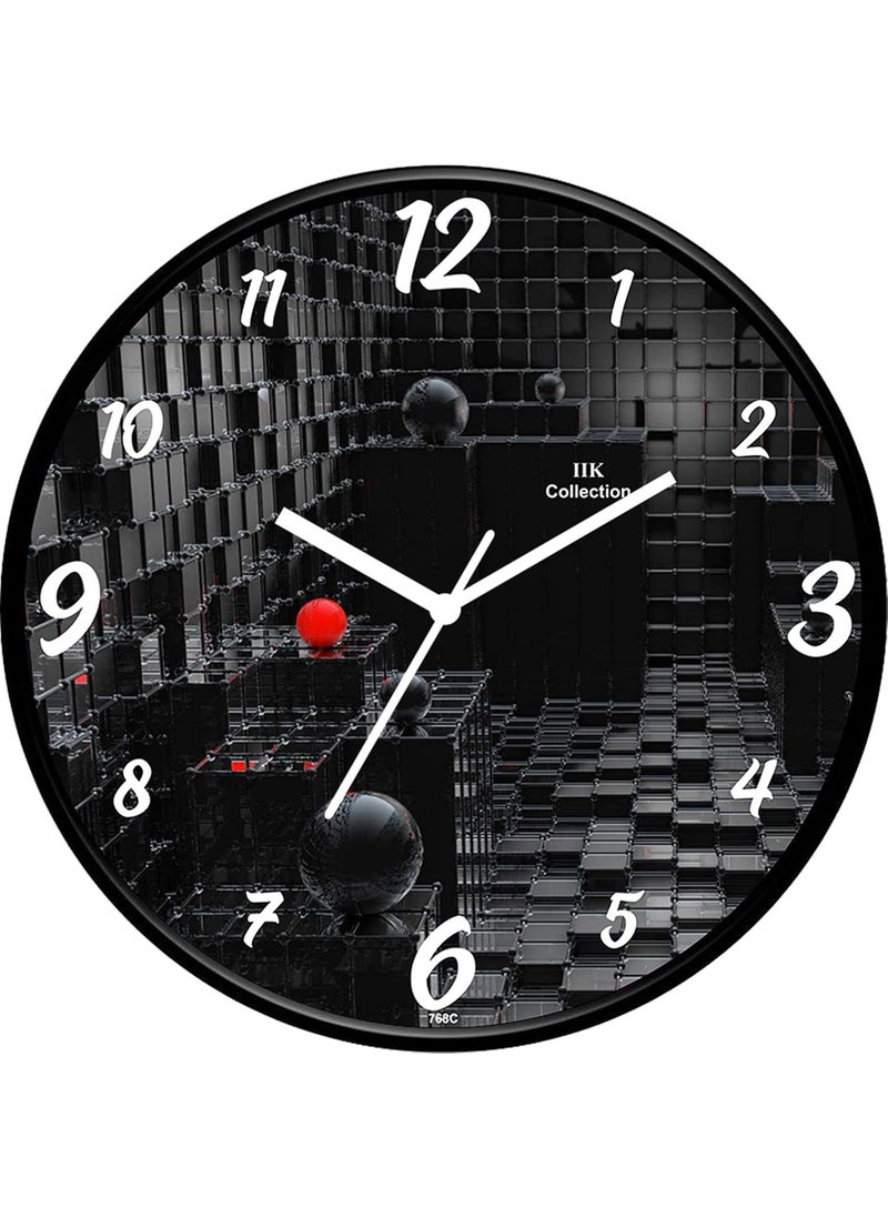 IIK COLLECTION Plastic Designer Analogue Round Wall Clock with Glass for Home/Kitchen/Living/Bed Room/Office (28 x 28 x 6 cm, Black)