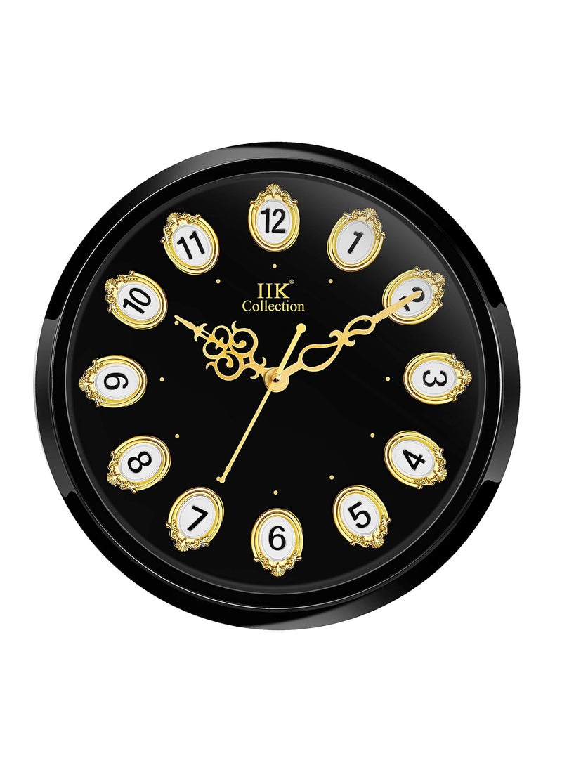 IIK COLLECTION Designer Analogue Plastic Sweep Silky Silent No Tic-Tic Sound Quartz Round Wall Clock with Glass for Home, Kitchen, Living Room, Bed Room, Office (Golden and Black)