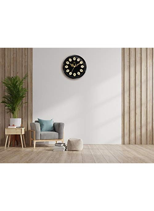IIK COLLECTION Designer Analogue Plastic Sweep Silky Silent No Tic-Tic Sound Quartz Round Wall Clock with Glass for Home, Kitchen, Living Room, Bed Room, Office (Golden and Black)
