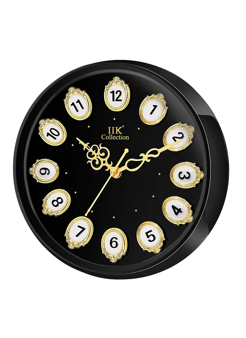 IIK COLLECTION Designer Analogue Plastic Sweep Silky Silent No Tic-Tic Sound Quartz Round Wall Clock with Glass for Home, Kitchen, Living Room, Bed Room, Office (Golden and Black)