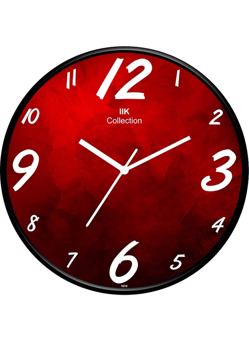 IIK COLLECTION Plastic Designer Analogue Round Wall Clock with Glass for Home/Kitchen/Bed Room/Office, 28 x 28 x 6 cm , Red