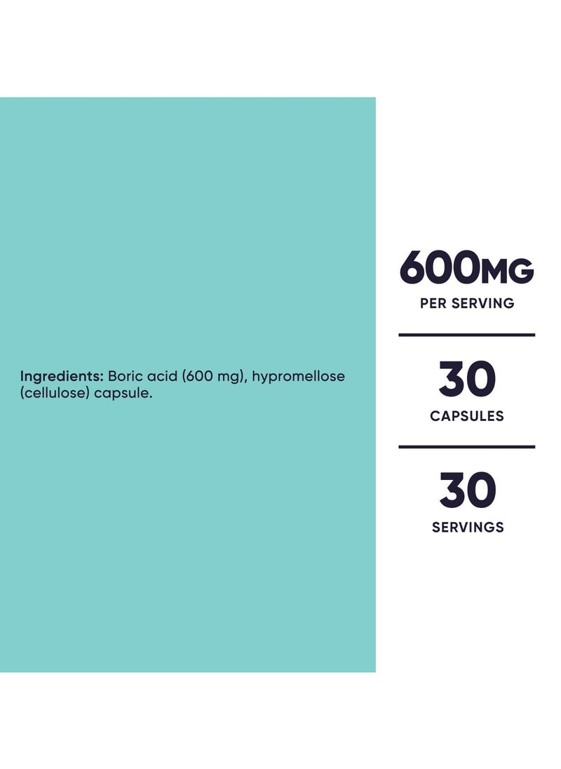 Boric Acid 600mg 30 Capsules Vaginal Suppository Non GMO for Women