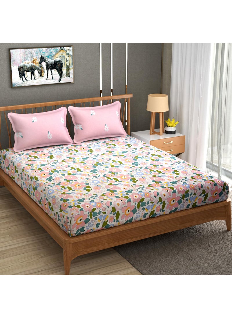 Homefab India 210 TC Glace Cotton King Size BedSheet with 2 Pillow Covers - (108x92 inches) - Floral, Pink