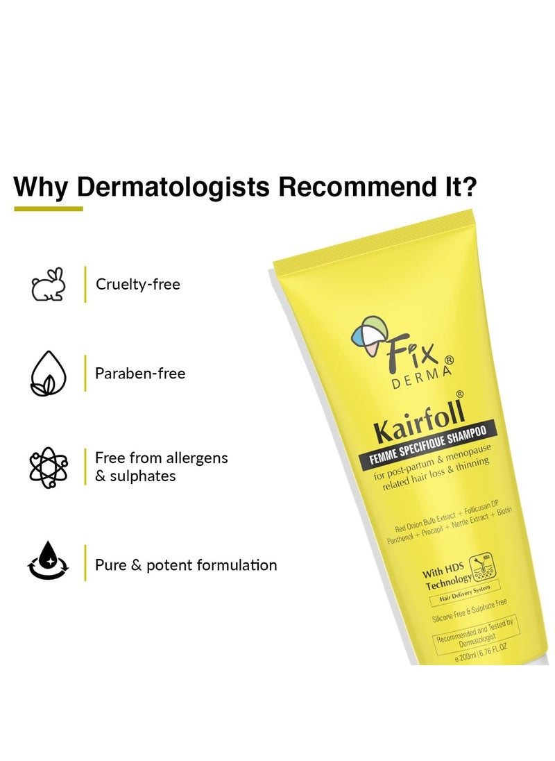 Fixderma Kairfoll Red Onion Shampoo with Castor Oil for Hair Growth | Femme Specifique Shampoo for PostPartum & Menopause| Biotin Shampoo | Shampoo for Women| Sulphate and Paraben free Shampoo - 200ml