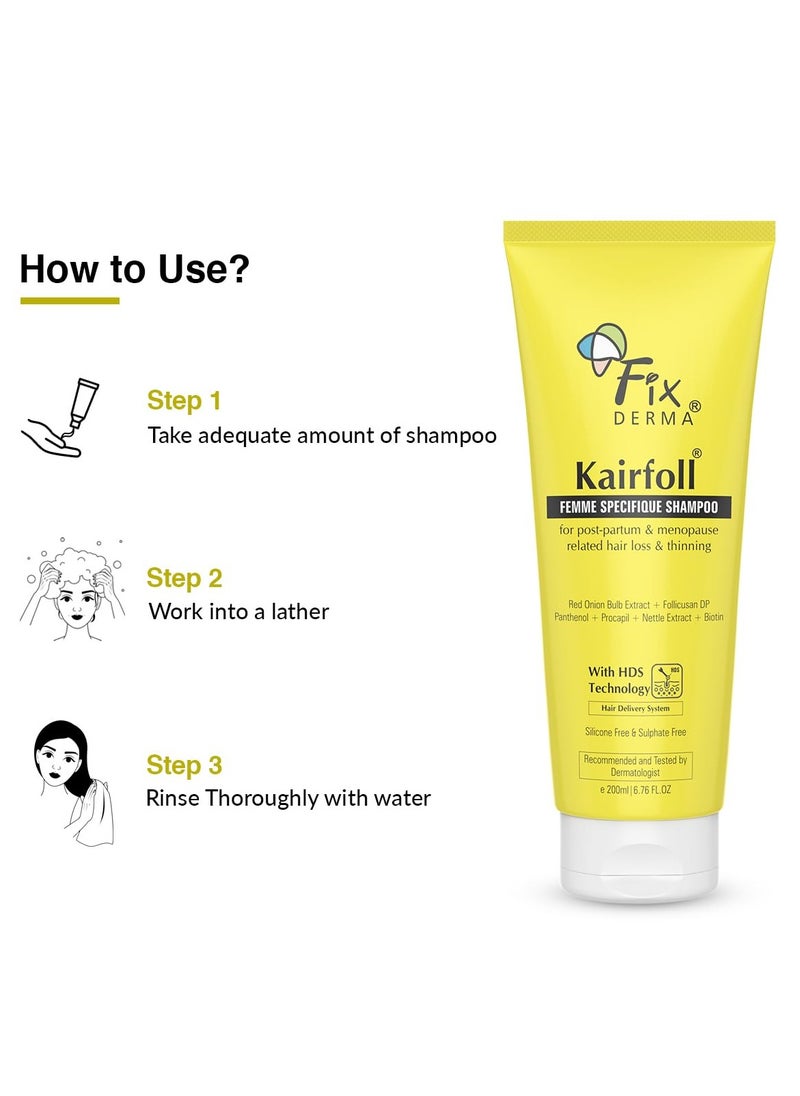 Fixderma Kairfoll Red Onion Shampoo with Castor Oil for Hair Growth | Femme Specifique Shampoo for PostPartum & Menopause| Biotin Shampoo | Shampoo for Women| Sulphate and Paraben free Shampoo - 200ml