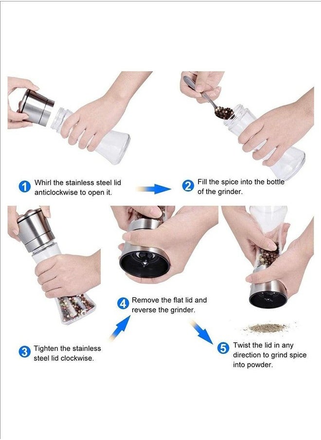 2 sets of salt and pepper grinders, easy to grind, simple to operate and clear to set up/silver