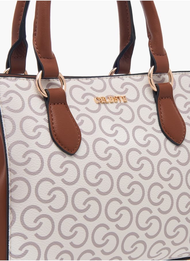 Women Monogram Print Tote Bag with Double Handles and Detachable Strap